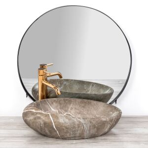 Rea Roxy B oval countertop washbasin with natural stone effect and gold faucet - Rea