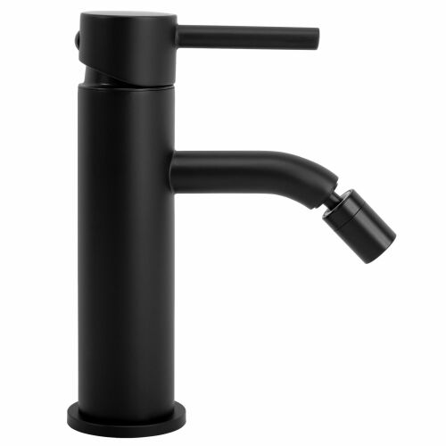 Close-up of Lungo Rea black bidet mixer tap on white background