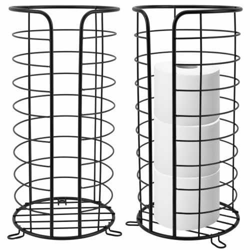 Black metal toilet paper holder stand with toilet paper rolls