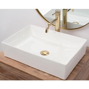 REA Inga white ceramic rectangular washbasin with gold faucet in bathroom setting - Washbasin