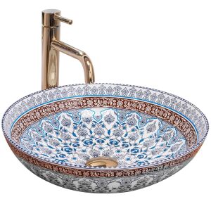 Rea Arte Kék Mintás 40 cm Countertop Washbasin with Gold Faucet - Rea