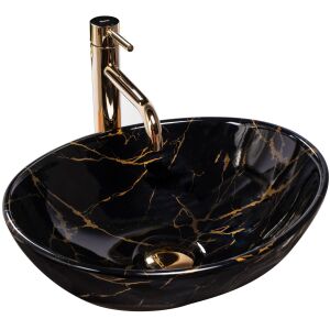 REA Sofia black marble oval countertop washbasin with gold faucet isolated - Rea