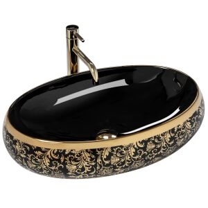 Elegant Rea Meryl Black and Gold Oval Washbasin for Modern Bathrooms - Rea