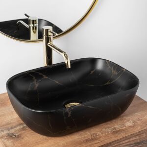 Belinda Black Marble Countertop Washbasin with Gold Faucet and Mirror - Washbasin