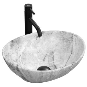 Rea Sofia marble effect countertop washbasin with black faucet, angled view - Washbasin