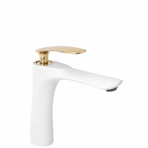 Rea Orbit Low White and Gold Faucet on White Background - Nonbrand Faucet
