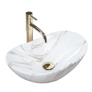 REA Royal Mini oval marble effect countertop basin with gold faucet, angled view - Washbasin