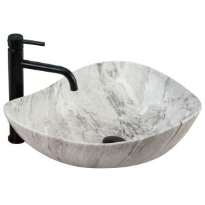 Rea Dora Stone oval countertop washbasin with marble effect and black faucet - Washbasin