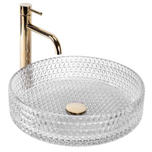 Angled view of Rea Cristal 39cm glass washbasin with gold faucet - Washbasin