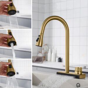 Collage der REA CONOR Gebürstete Gold Küchenarmatur mit Ausziehbrause im Einsatz - WC-Sitze, Duschkabine, Wasserhahn, Duschtür, Badezimmerschrank, Wäschekörbe und Brausegarnitur