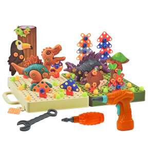 Dinoszaurusz építőjáték készlet fúróval, csavarokkal, anyákkal és csavarkulccsal, építsd meg saját dinoszauruszaidat - Lean Toys