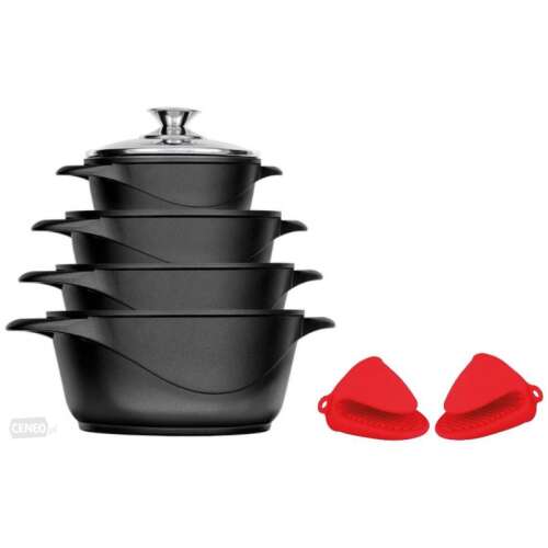 MPM Edényszett 10 db-os, fekete, üvegfedő, ILAG bevonat főzőedény készlet üveg fedőkkel és szilikon edényfogókkal