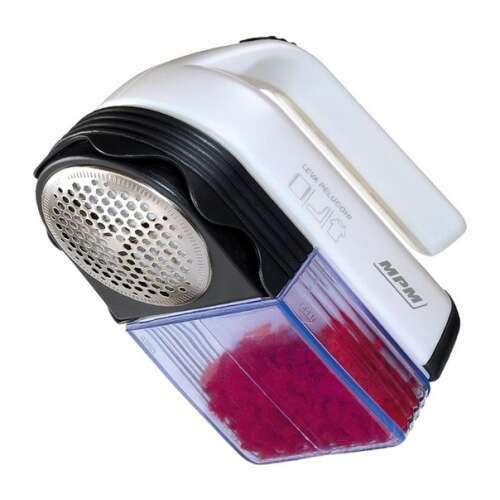 MPM LR-027-86 fabric shaver, white and black, with a clear container for collected lint