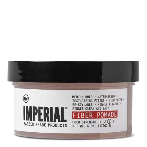 Imperial Fiber Pomade, barber grade hair styling product, medium hold, water-based, texturizing fibers, high sheen, re-styleable, highly pliable, rinses clean and easy