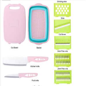 Multifunctional vegetable chopper with a pink and green cutting board, basket, knives, and various slicing attachments - Kitchen tool