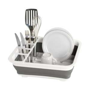 Foldable dish drying rack with cutlery holder, white and grey, for kitchen - Dish Rack