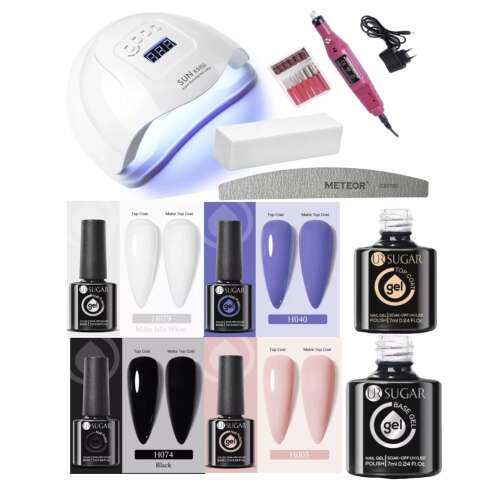 Sugar Gél Lakk Kezdő/Induló Szett Sun X5 Plus UV/LED Műkörmös Lámpával és Kézi Csiszológéppel, tartalmaz 4db gél lakkot, alaplakkot, fedőlakkot, reszelőt, buffert, köröm előkészítőt, alapozót és egy kézi csiszológépet
