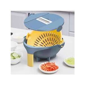 Multifunctional vegetable and fruit slicer and washer with 5 blades, blue and yellow - Strainer & Sieve