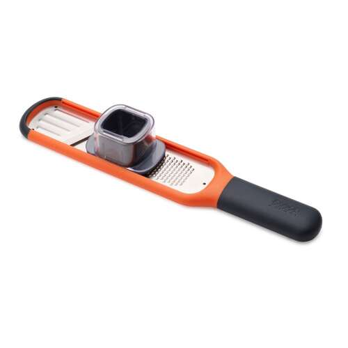 Orange and black 2-in-1 kitchen grater and slicer with a container, <product_name>