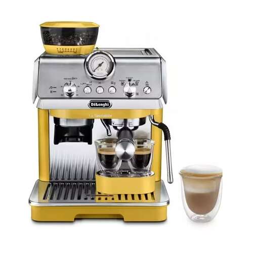 Delonghi La Specialista Arte EC9155.YE presszógép sárga színben, kávébabokkal és csészével - Kávéfőző