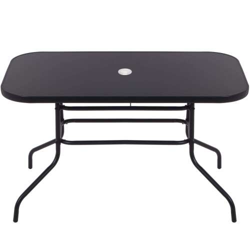 Springos garden table with black tempered glass top and black powder-coated metal frame