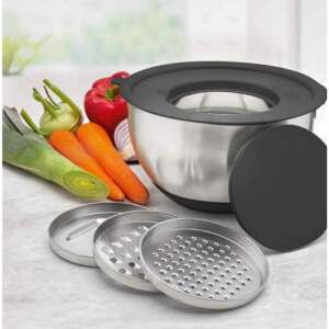 Stainless steel mixing bowl with lid and 3 grater inserts, perfect for chopping vegetables and cheese - Handheld slicer