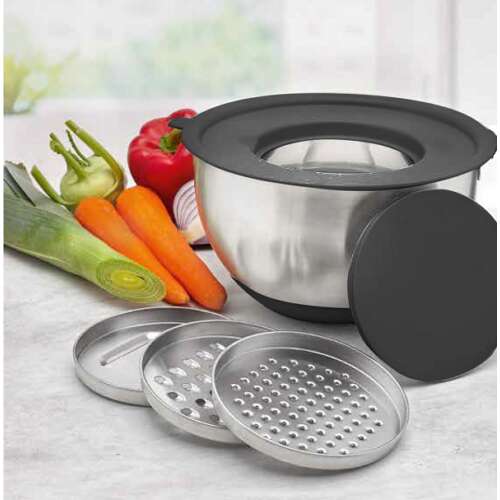 Stainless steel mixing bowl with lid and 3 grater inserts, perfect for chopping vegetables and cheese