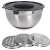 Stainless steel mixing bowl with lid and 3 grater inserts, perfect for chopping vegetables and cheese