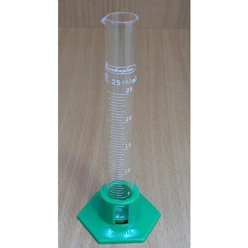 25ml glass measuring cylinder with plastic base, non-certified, B type