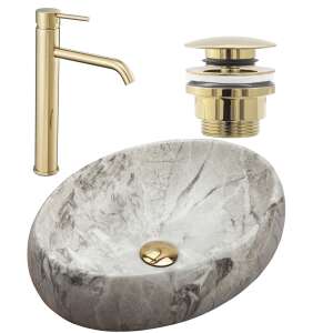 Linda Stone Countertop Washbasin + Lungo gold Bathroom Faucet + gold Plug 94505744 - Nonbrand Faucet