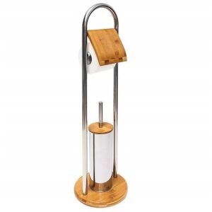 Bambusz and Rozsdamentes Acél WC-Papír és Kefe Tartó Szett - toilet paper and brush holder. - Toilet Paper Holder & Stand