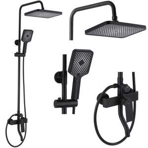 Rea Hass Black shower set, black matte finish, modern design, shower head, handheld shower, shower arm, thermostatic valve - Shower set