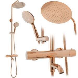 REA Lungo Rose Gold thermostatic shower set with overhead shower, hand shower, and adjustable height - Shower set
