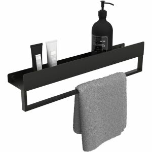 Close-up of modern black bathroom shelf with towel rack - Furniture
