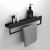 Modern black bathroom shelf with towel rack and toiletries on white wall