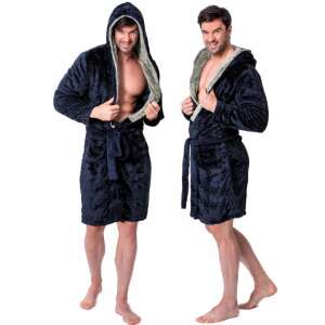 Jordan Navy-Grey Men's hooded bathrobe, size M, soft and comfortable, perfect for relaxing - Men's Robe