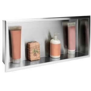 Stainless steel recessed bathroom shelf, 30x60 cm, with shampoo bottles and soap - Furniture