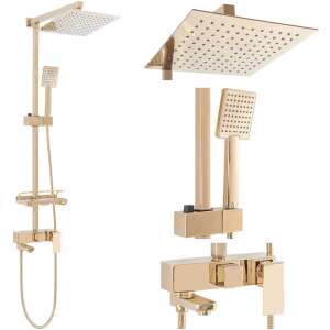 Rea Jack Gold shower set, gold, with square shower head, hand shower, shelf, and thermostatic mixer - Shower set