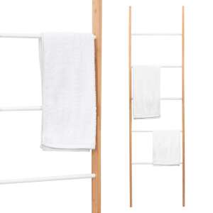 Bamboo towel ladder with white rungs, 4 rungs, towels hanging on it, SONOMA brand - Towel rack