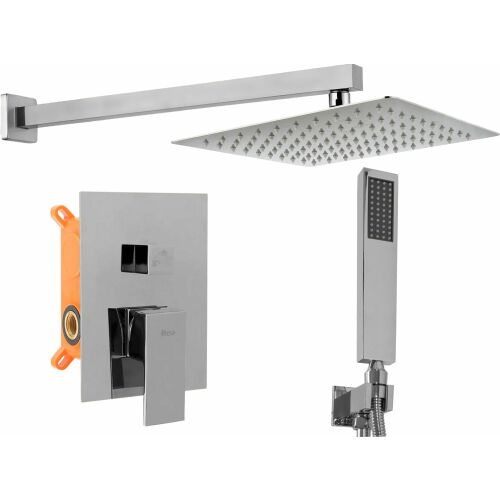 Fenix Chrome complete shower set with square rainfall shower head, hand shower, and concealed mixer