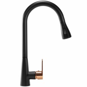 Rea Mild Black and Rose Gold Kitchen Faucet - Angled View - Nonbrand Faucet