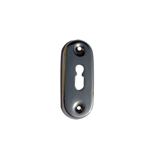 Chrome oval door escutcheon with keyhole