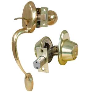 Amig amerikai stílusú bejárati ajtó kilincs-zár szett, réz kerek pajzzsal - Perfekto Ajtógomb & Kilincs