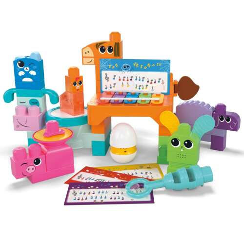 Set de construcție MEGA BLOKS Musical Farm Band, cu 10 funcții senzoriale și 40 piese, inclusiv un xilofon în formă de cal, o tobă în formă de vacă, zornăitoare în formă de găină, cimbaluri în formă de porc, guiro în formă de oaie, un clicker în formă de pisică, un scârțâit în formă de iepure și castanete în formă de ou