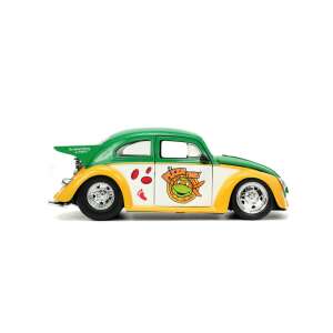 Jada Toys 1:24 scale 1959 Volkswagen Drag Beetle with Teenage Mutant Ninja Turtles Michelangelo figure, green and yellow - Kids's play car