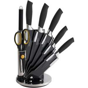 Set cuțite din oțel Royalty Line RL-BLK8W, 8 pm, Suport, Acoperire antiaderentă, Negru