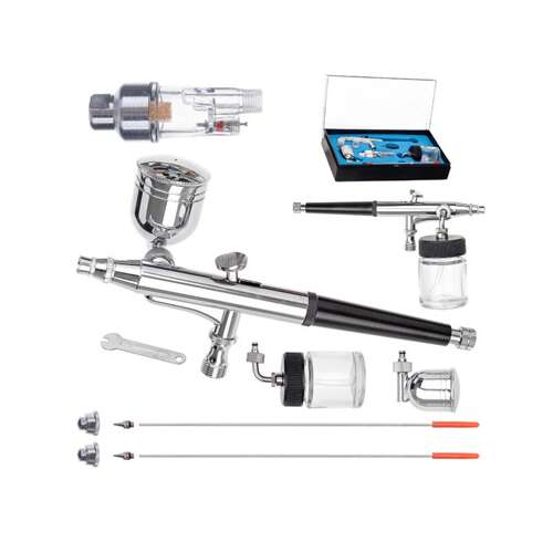 Professional airbrush kit HS-34KF with 3 nozzles, 2 containers, and accessories
