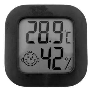 Black digital indoor thermometer and hygrometer with a smiley face icon, showing temperature and humidity readings - Weather Station