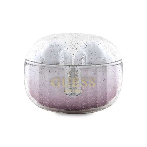 Guess TWS wireless earbuds charging case, transparent with pink glitter