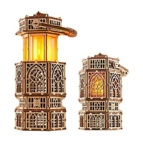 Puzzle 3D mecanic vintage lanternă, 251 piese, lemn, iluminare